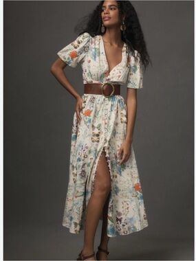 NWT Anthropologie The Katerina Button-Front Butterfly Flowers Whimsical Dress,L